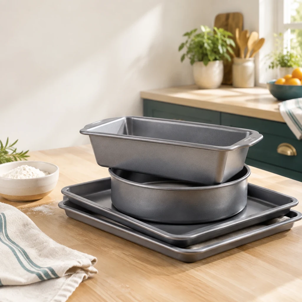 Stacked non-stick baking trays, a cake tin and a loaf tin on a wooden worktop