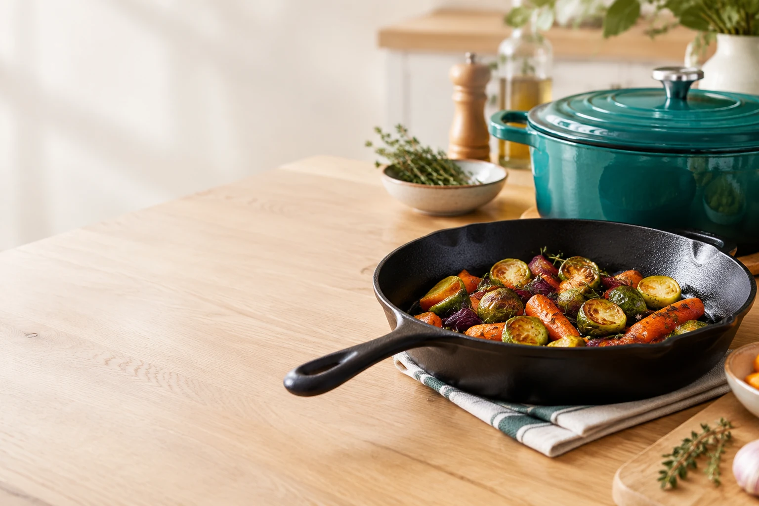 Seasoned black cast iron skillet with vegetables next to a teal enamelled casserole