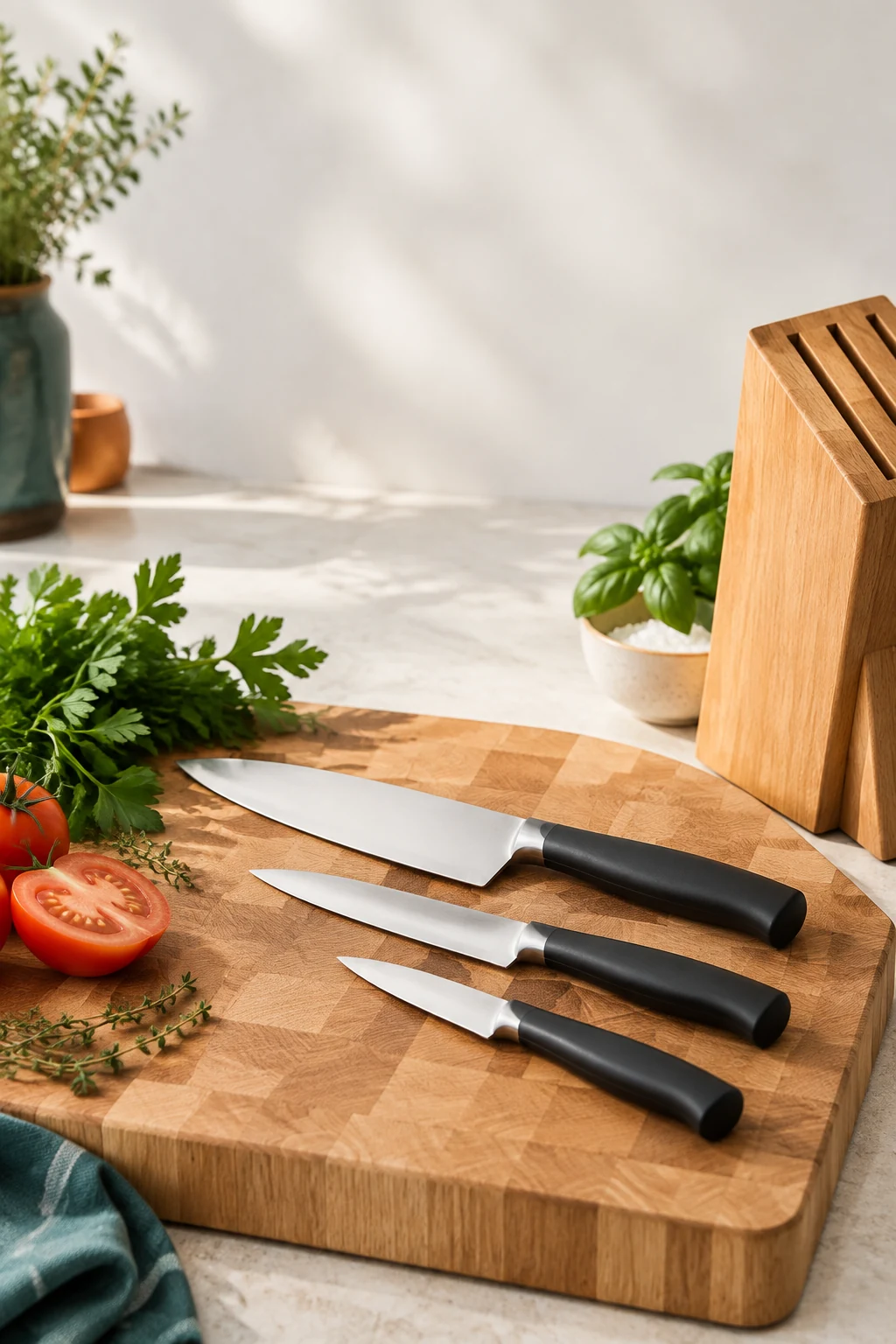 Chef's, utility and paring knives on a beech chopping board beside a knife block