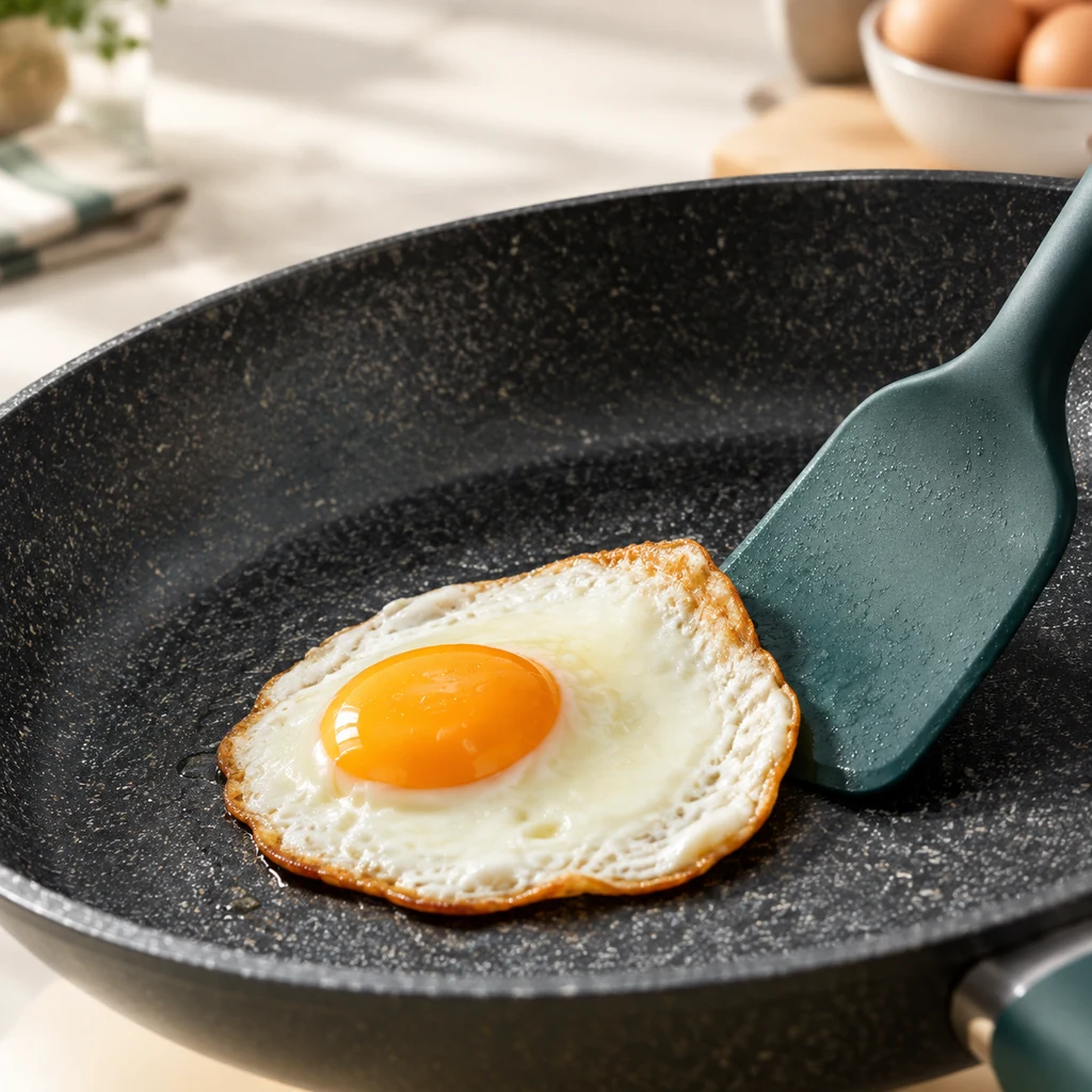 Fried egg sliding across a granite-effect non-stick pan