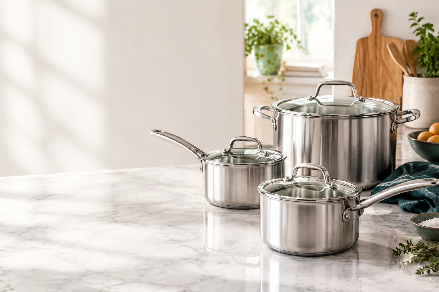 Polished tri-ply stainless steel saucepans and stockpot with glass lids on marble