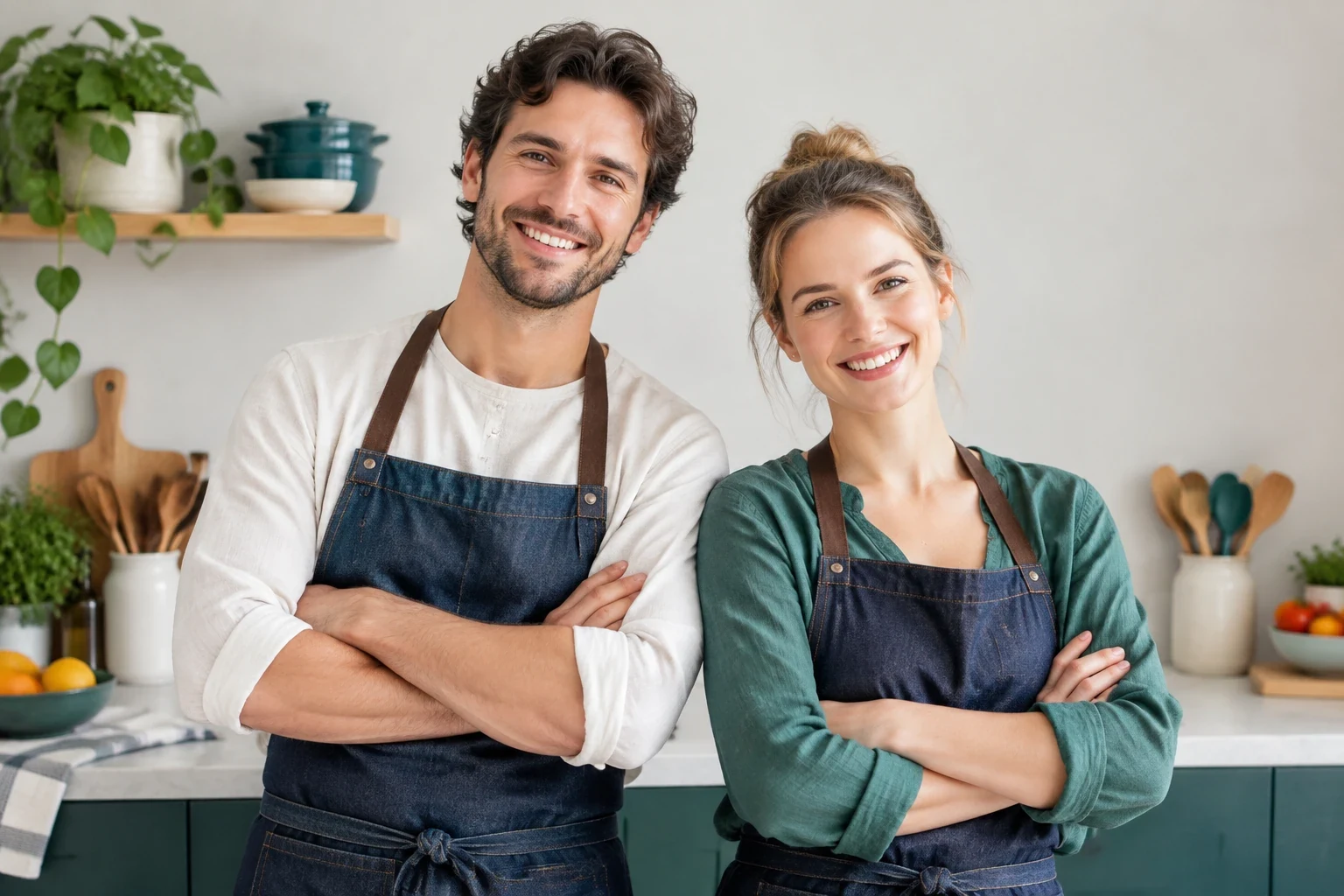 Two smiling home cooks in denim aprons with arms folded