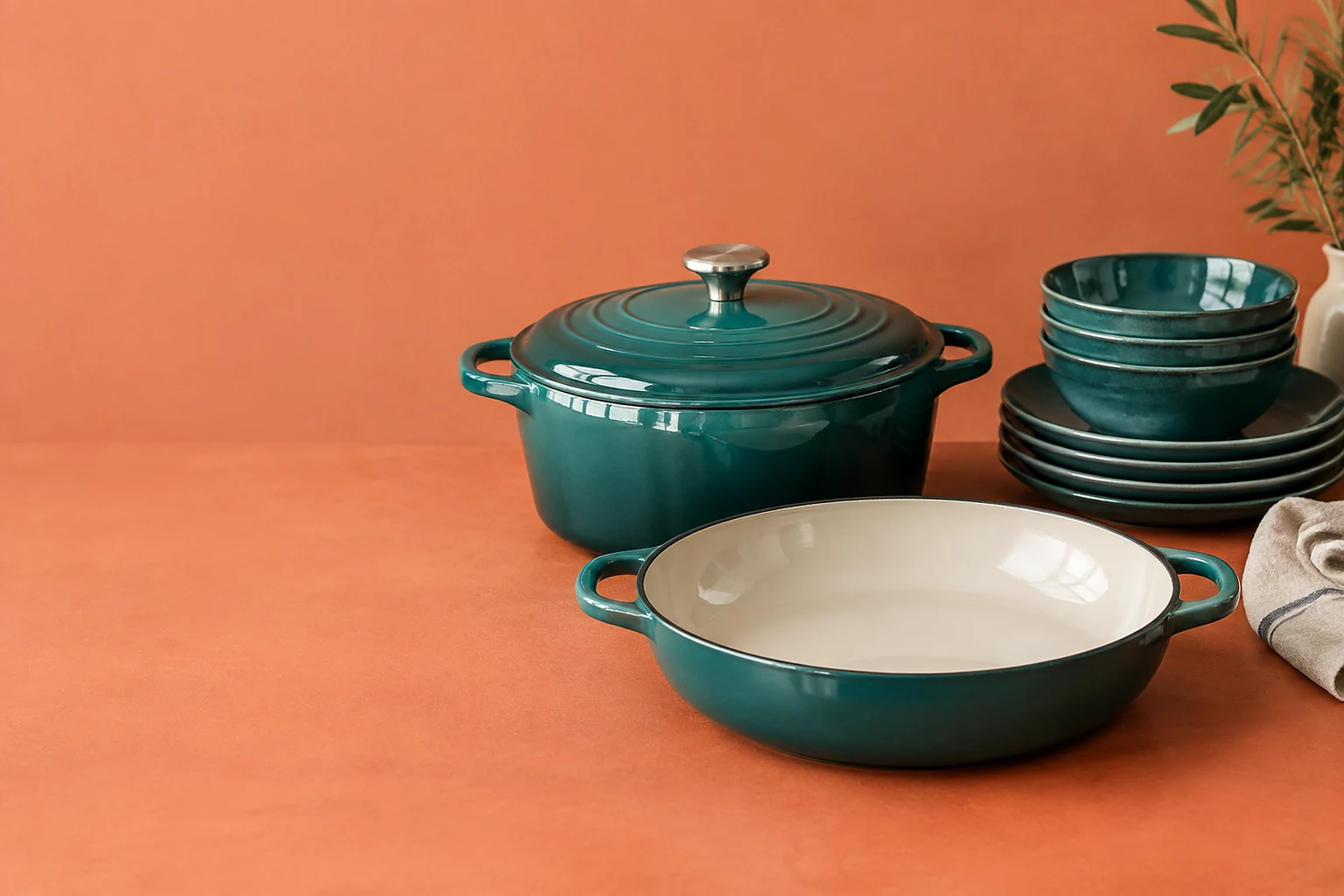 Deep teal enamelled cast iron casserole, braiser and plates on a coral table