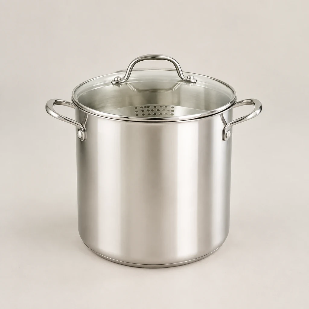 Tall polished stainless steel stockpot with a glass lid