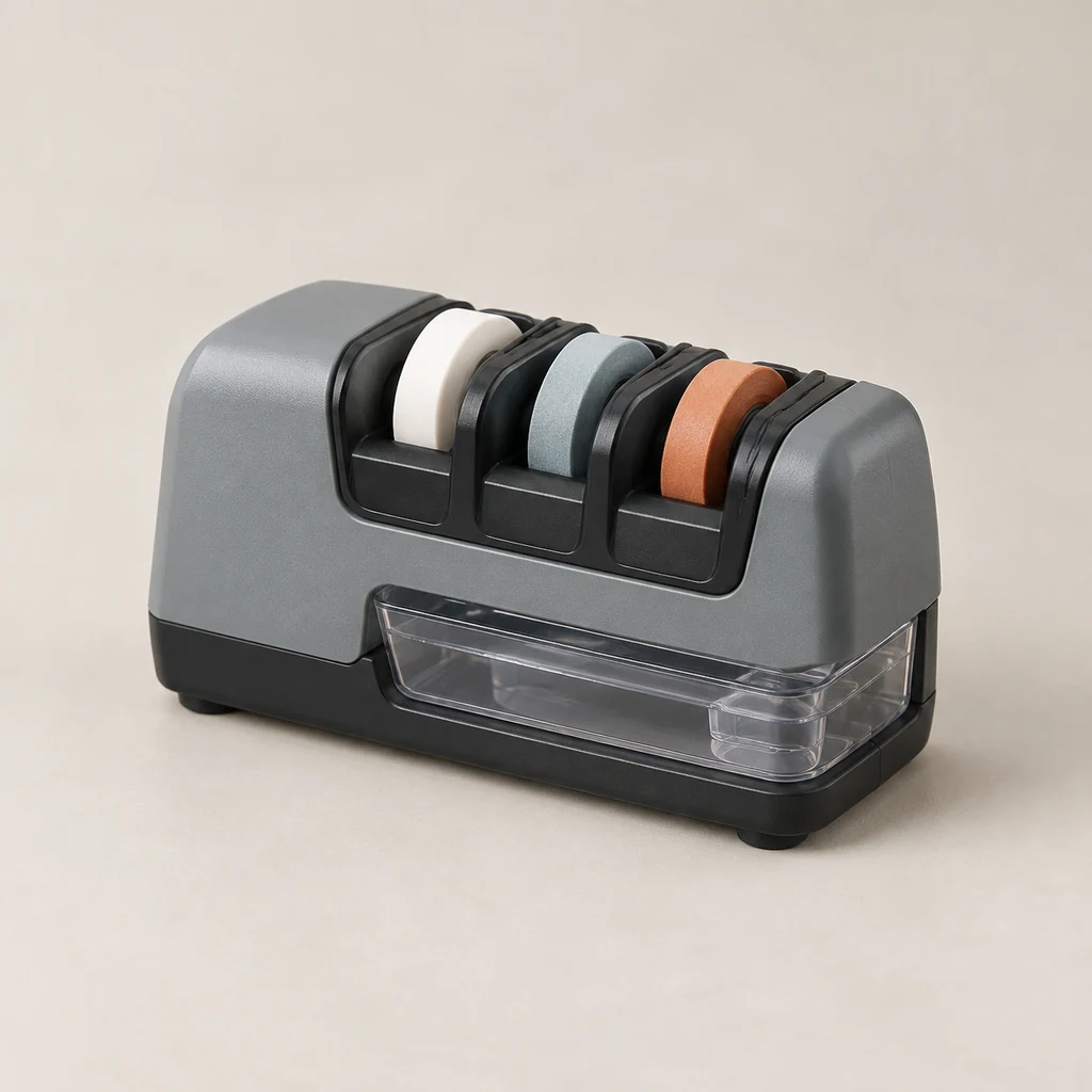 Compact water whetstone knife sharpener with three ceramic wheel slots