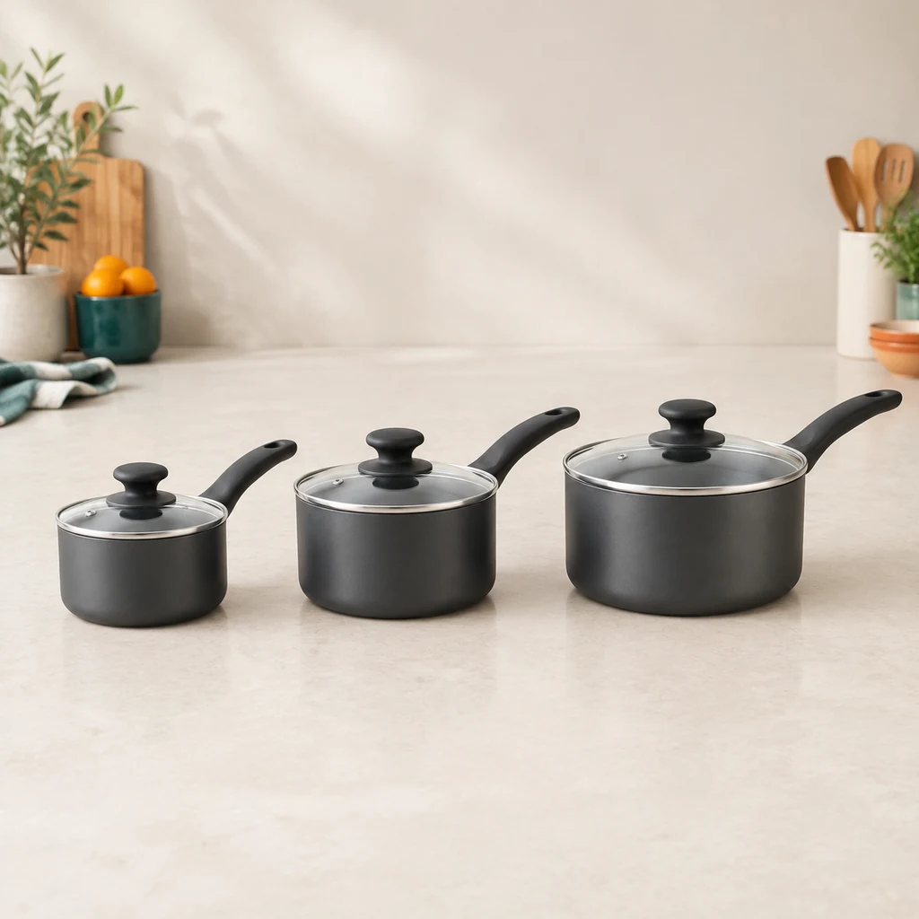 Three dark grey non-stick saucepans with glass lids in a row
