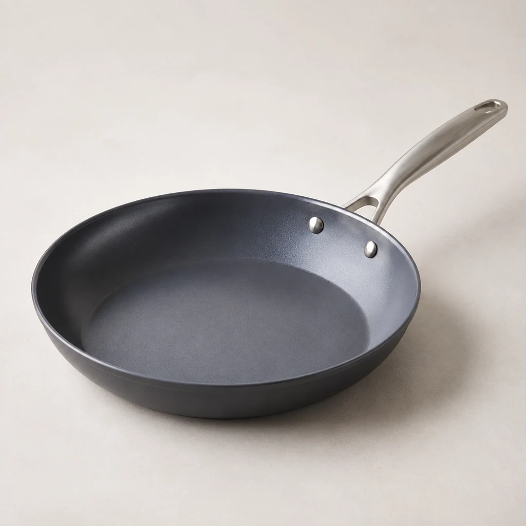 Frying pan with dark ceramic-titanium non-stick interior and steel handle