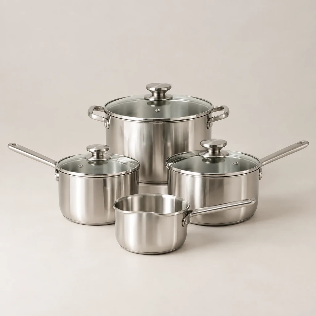 Five-piece polished stainless steel saucepan set with glass lids
