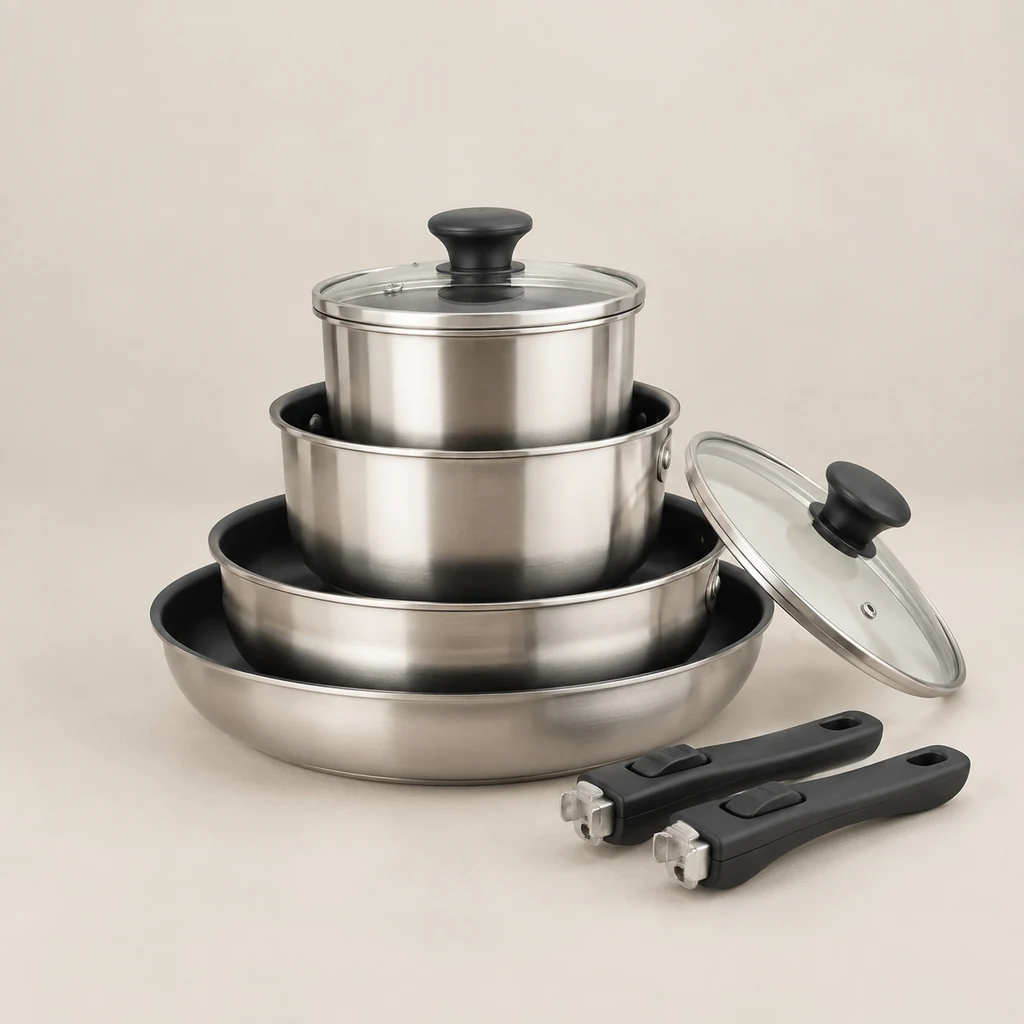 Stacked stainless steel pans and saucepans with detachable handles and glass lids