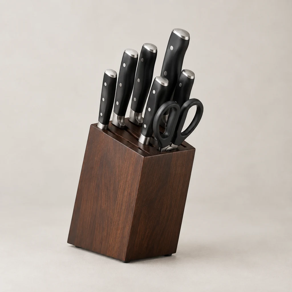 Wooden knife block holding forged black-handled knives and scissors