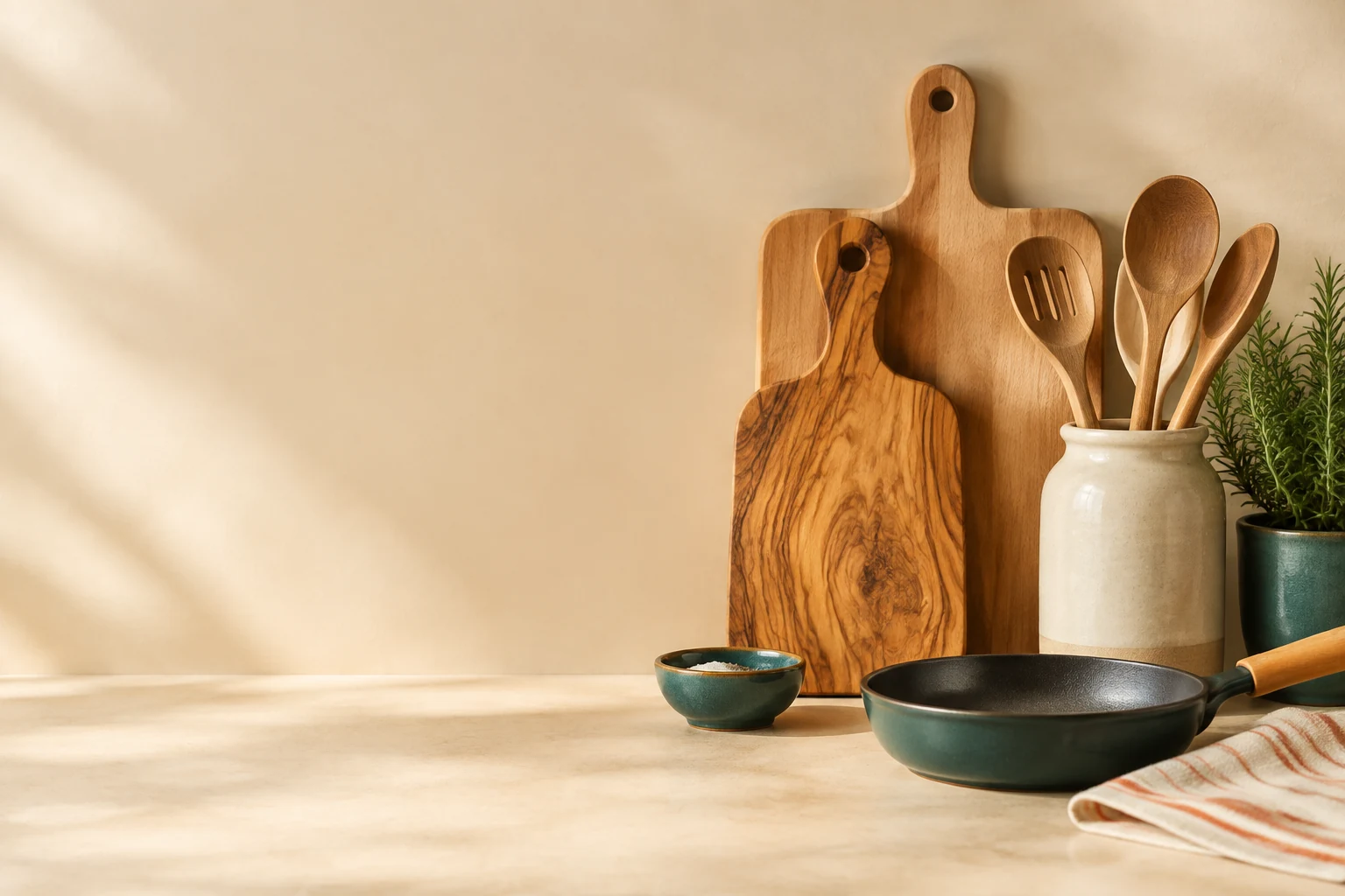 Olive wood boards, wooden spoons and a small frying pan on a beige worktop