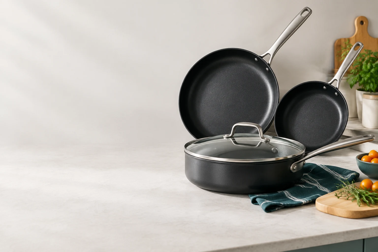 Two black non-stick frying pans and a sauté pan on a light grey background